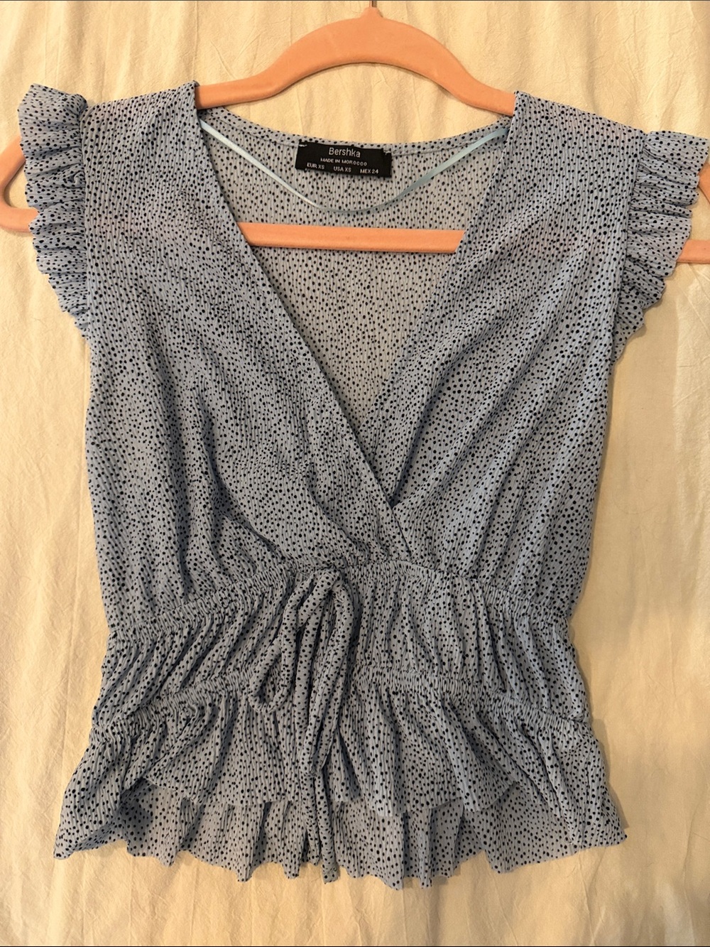 Bershka Sky Blue Dotted Ruffle Wrap Top